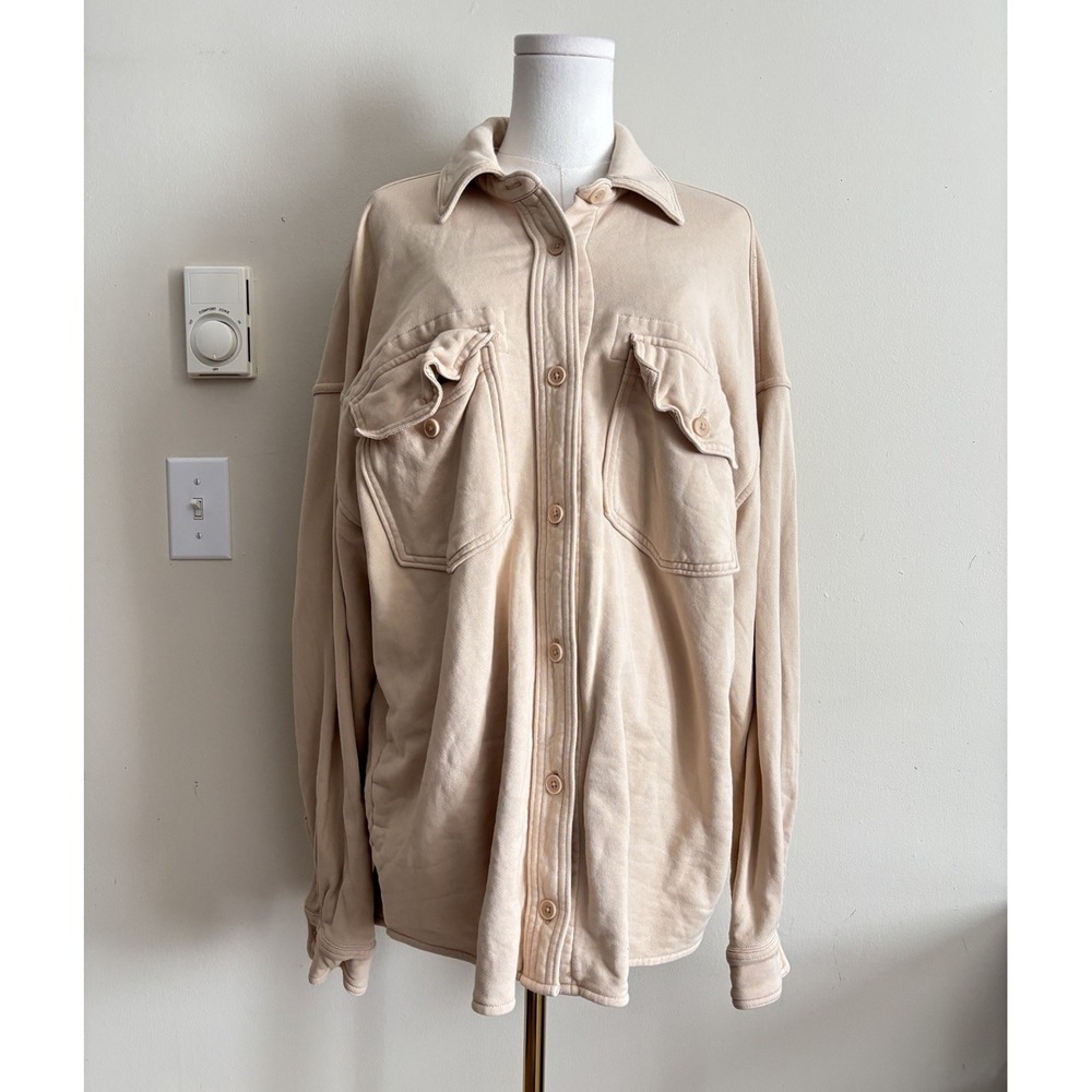 Aritzia Wilfred Free Terry Fleece Shirt Jacket Womens Large Oversized Cotton Tan